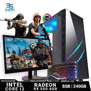 Computador Gamer Intel Core I3, 8GB DDR3, SSD 240GB, RX550 4GB, 400W + Monitor 18,5 + Kit Gamer RGB