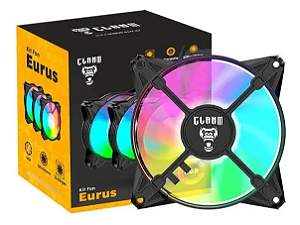 Kit 3 Fans Gamer Eurus ARGB 120mm Controladora Preto Clanm