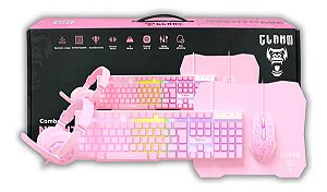 Kit Gamer Clanm Nightmare Candy Rosa 4 em 1 Teclado ABNT2 Mouse 3600 DPI Headset e Mousepad RGB