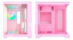 Gabinete Gamer Clanm Grodd Candy Rosa Aquário mATX Vidro Temperado sem Fans