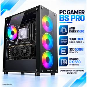 PC Gamer BS Pro Ryzen 5 5500, 16GB DDR4, Radeon RX 580 8GB, SSD NVMe 500GB