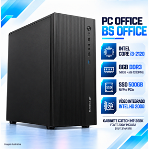 PC BS Office Intel Core i3-2120, 8GB DDR3, SSD NVMe 500GB, Gabinete C3Tech com Fonte 200W