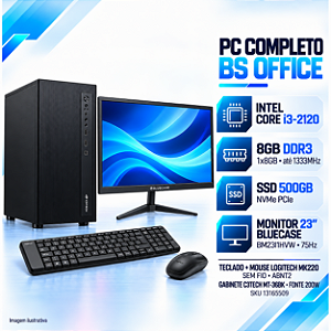 PC Completo BS Office i3-2120, 8GB DDR3, SSD 500GB, Monitor Bluecase 23 + Teclado e Mouse Logitech MK220
