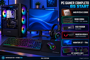 PC Gamer Completo BS Start Ryzen 3 2200G, 16GB DDR4, NVMe 500GB, B450M + Monitor 23 e Kit Gamer