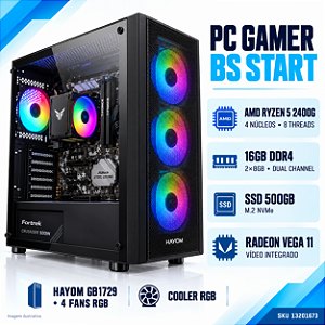 PC Gamer Completo BS Start Ryzen 5 2400G, A520, 16GB DDR4, SSD SATA 240GB, Monitor 23 e Kit Gamer, Cooler RGB