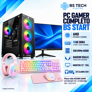 PC Gamer Completo BS Start Ryzen 3 2200G, Vega 8, A520M, 16GB DDR4, NVMe 500GB, Monitor 23 e Kit Gamer