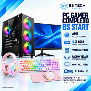 PC Gamer Completo BS Start Ryzen 5 2400G, A520, 16GB DDR4, SSD SATA 240GB, Monitor 23 e Kit Gamer