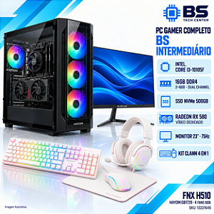 PC Gamer Completo BS Intermediário Core i3-10105F, RX 580 8GB, 16GB DDR4, NVMe 500GB, Monitor 23 e Kit