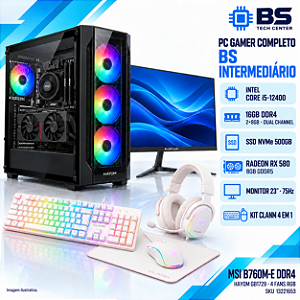 PC Gamer Completo BS Intermediário Core i5-12400, RX 580 8GB, 16GB DDR4, NVMe 500GB, Monitor 23 e Kit