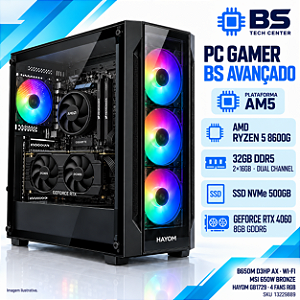PC Gamer BS Avançado AM5 Ryzen 5 8600G, RTX 4060 8GB, 32GB DDR5, NVMe 500GB, Wi-Fi, Air Cooler