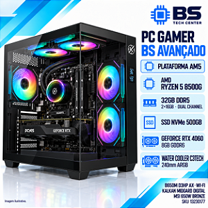 PC Gamer BS Avançado AM5 Ryzen 5 8500G, RTX 4060 8GB, 32GB DDR5, NVMe 500GB, Wi-Fi, Water Cooler 240mm