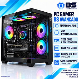 PC Gamer BS Avançado AM5 Ryzen 5 8600G, RTX 4060 8GB, 32GB DDR5, NVMe 500GB, Wi-Fi, Water Cooler 240mm