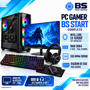 PC Gamer Completo BS Start Core i3-10105F, RX 550 4GB, 16GB DDR4, NVMe 500GB, Monitor 23 e Kit Gamer