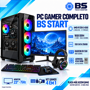 PC Gamer Completo BS Start Ryzen 5 4500, RX 550 4GB, 16GB DDR4, SATA 256GB, Monitor 23 e Kit Gamer