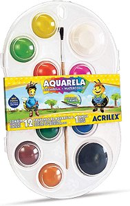 Aquarela Escolar Pastilha Acrilex - 12 Cores + Pincel