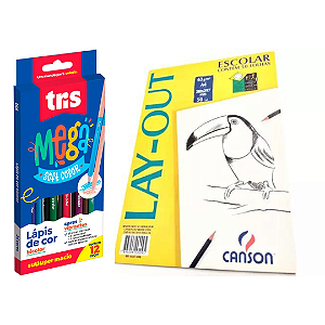 Kit Lápis de Cor Bicolor Tris Mega Soft Color 24 Cores + Papel Lay-Out Canson A4 50fls