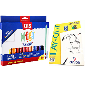 Kit Lápis de Cor Bicolor Tris Mega Soft Color 60 Cores + Papel Lay-Out Canson A4 50fls