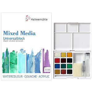 Kit Bloco Mixed Media Hahnemuhle 24x32 + Koi Water Colors Pastilha 12 Cores