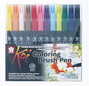 Caneta Marcador Koi Coloring Brush - Conjunto 12 Cores - Ponta Pincel/Brush