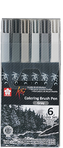 Caneta Marcador Koi Coloring Brush - Conjunto 6 Tons Cinzas - Ponta Pincel/Brush