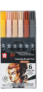 Caneta Marcador Koi Coloring Brush - Conjunto 6 Cores / Portrait - Ponta Pincel/Brush