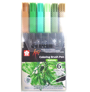 Caneta Marcador Koi Coloring Brush - Conjunto 6 Cores / Nature - Ponta Pincel/Brush