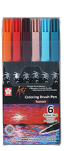 Caneta Marcador Koi Coloring Brush - Conjunto 6 Cores / Sunset - Ponta Pincel/Brush