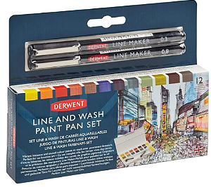Aquarela em Pastilha Derwent Line/Wash Paint Pan Set - 12 Cores + 2 Line Marker