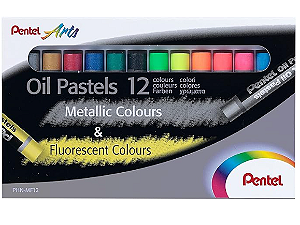 Giz Pastel Óleo Pentel Arts - 6 Cores Metálicas + 6 Cores Fluorescentes