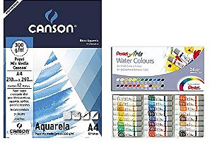 Kit Aquarela: Papel Canson Aquarela A4 300gr + Aquarela Pentel 24 Xores