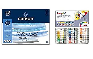 Kit Aquarela: Papel Canson Montval 24x32cm 300gr + Aquarela Pentel 24 Cores