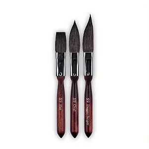 Cj03 Pinceis Aquarela Letrista Pêlo Longo Cabo Curto Chato / Oval / Adaga Striper