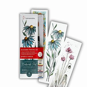 KIT HANEMUHLE MARCA-PAGINAS PAPEL ALGODAO 300G TAM 5,5X20CM 15FLS + PINCEL DA VINCI 943 TAM XS + 3 AQUARELAS HORADAM SCHMINCKE EM MEIAS PASTILHAS