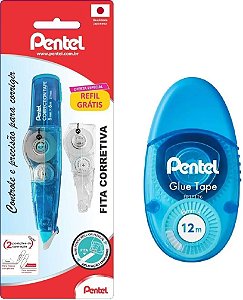 Kit de Fita Corretiva + Refil e Cola em Fita Pentel - Azul