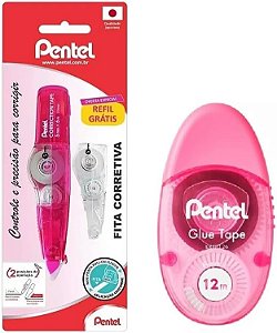 Kit de Fita Corretiva + Refil e Cola em Fita Pentel - Rosa