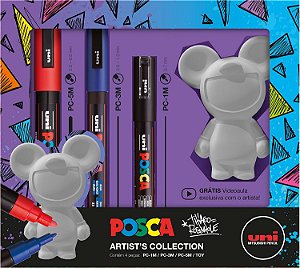 POSCA Toy Art Mickey PC1M Preta PC3M Azul PC5M Vermelha - Kit com 4 itens