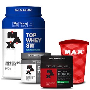 Kit Top Whey 3W 900g + Creatine 150g + Hórus 300g + Brinde Copo Acrílico (600ml) - Max Titanium