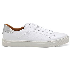 Tênis Feminino Casual Couro Legítimo Branco-Prata