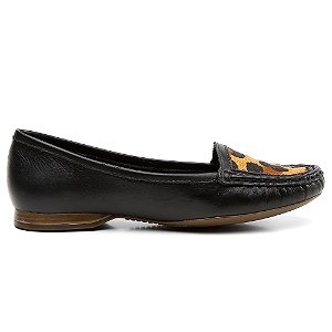 Mocassim Feminino Couro Legítimo cor Preto  Pelo Onça