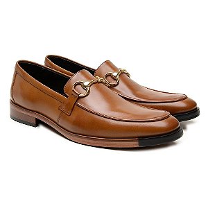 Sapato Mocassim Masculino Loafer Bridão Dourado Couro Caramelo