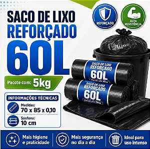 Saco de Lixo Preto Reforçado 60L - 5kg
