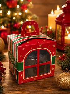 Caixa Para Mini Panetone Com Alça e Visor Feliz Natal  10x10x10 - 1 Unidade