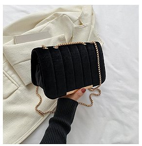 Bolsa Tiracolo - Cor Preto, Tecido Aveludado - Modelo Mia