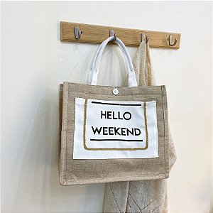 Bolsa de Praia - Cor Branco, Tecido Rústico - Modelo Sun