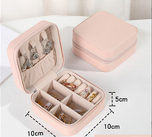 Mini Porta Jóias Portátil - Cor Rosa, Couro Sintético - Modelo Gio