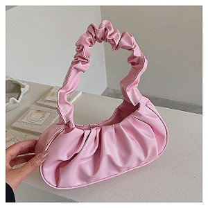 Bolsa Baguette Pregueada - Cor Rosa, Couro Sintético - Modelo Vicky