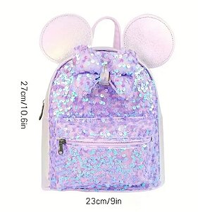 Mochila infantil Paetê - Cor Lilás, Couro Sintético - Modelo Bia