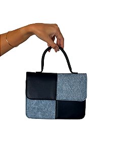 Bolsa Quadrada Jeans - Cor Preto, Couro Sintético - Modelo Ester