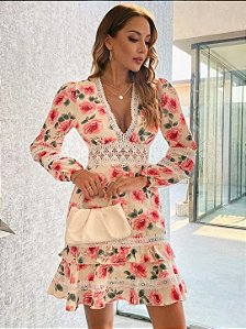 Vestido Floral Rendado Manga Longa