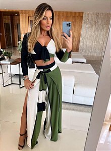 Conjunto Calça Envelope Preto com Verde